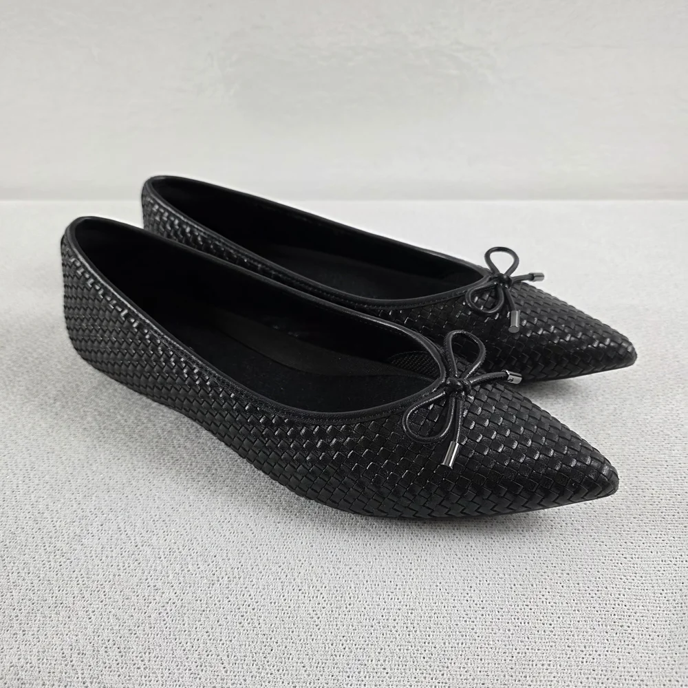 Enfiis Black Woven Patterned Vegan Pointed Toe Ballet Flats Women's 10